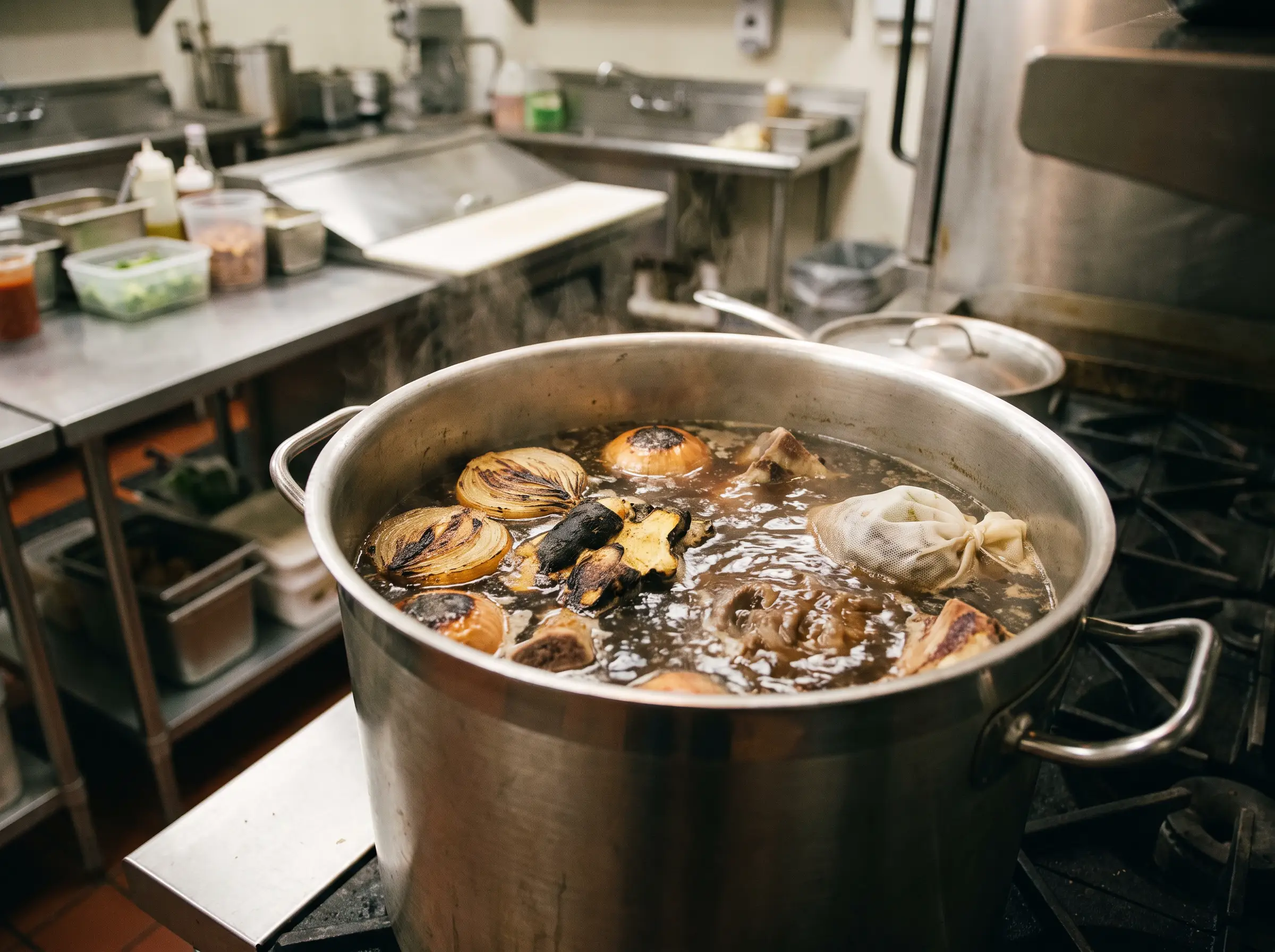A large stockpot of pho broth simmering with charred onion, ginger and a spice sachet