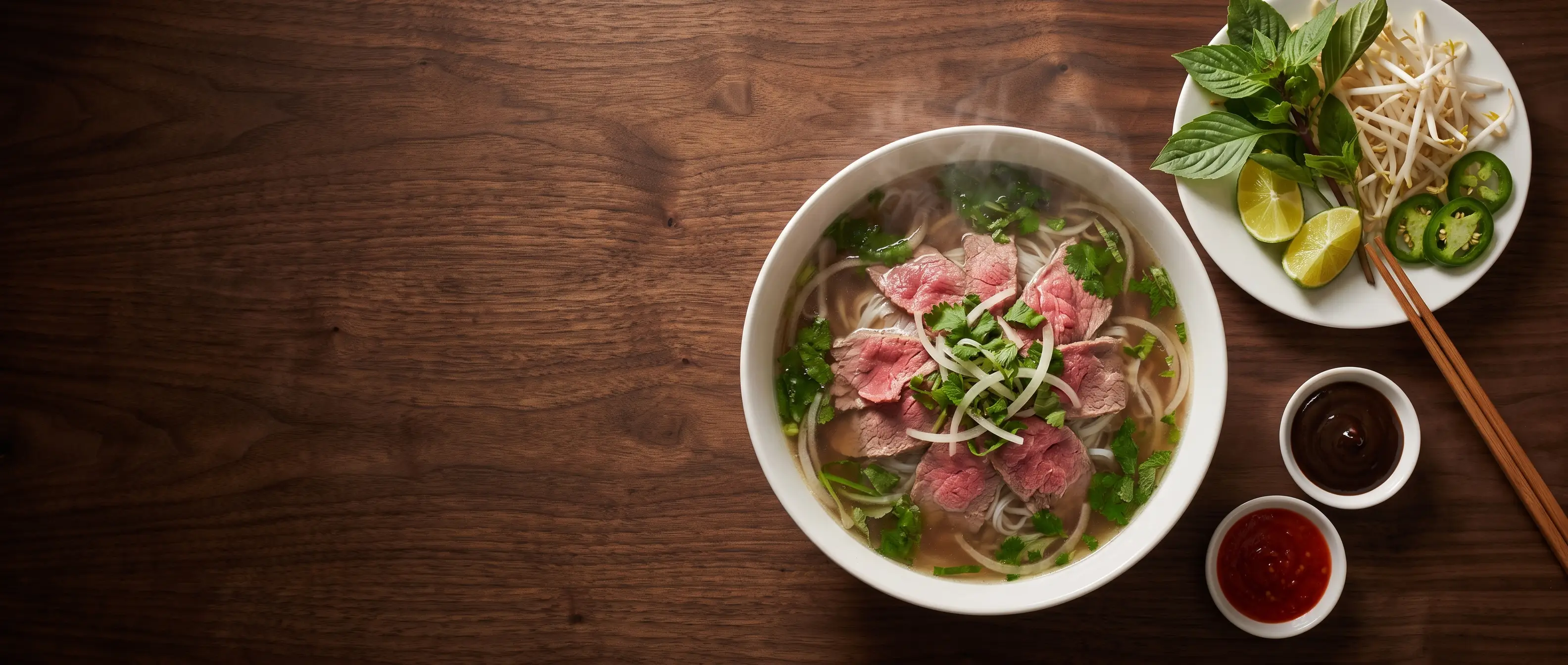 A spread of Vietnamese dishes on a dark table